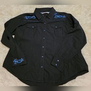 Cumberland Outfitters Black Plus Size Western Shirt Blue Embroidery Sz.2X